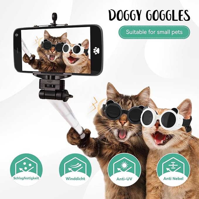 Namsan Dog Goggles Small Breeds, UV Protection Dog Glasses for XSmall to Small Dogs, Chihuahua Sunglases Windproof Dustproof Driving Eye Protection, Adjustable, Panda White