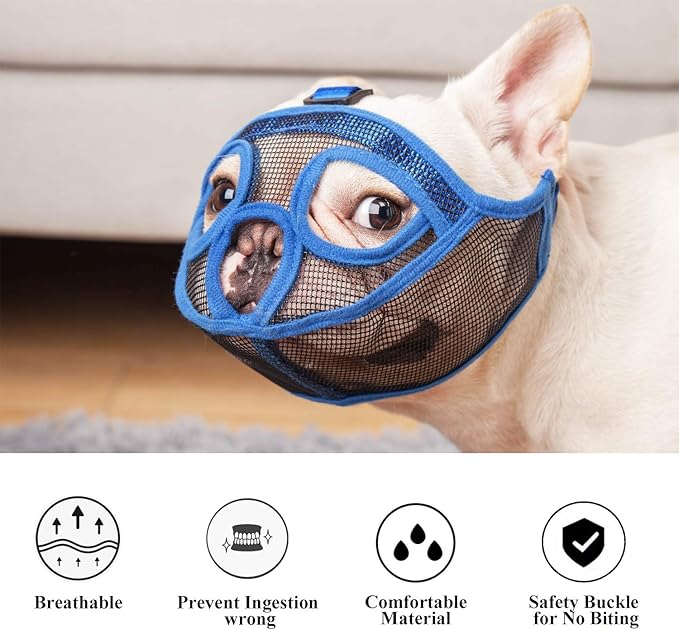 Short Snout Dog Muzzle Bulldog Muzzle, Stop Dog for Biting Barking Chewing, Adjustable(L, Blue)