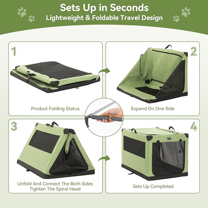 PETSFIT Collapsible Dog Crate, with Patented Adjustable Fabric Cover, Chewproof & Lockable Mesh Doors, Waterproof Base Soft Sided Kennel Green 26 Inch
