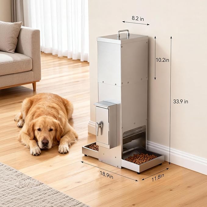 Chipak 35L Automatic Dog Feeder for Two Large Dogs with Timer, Stainless Steel Pet Food Dispenser W/Programmable Feeding Schedule,Dual Tray (35L)