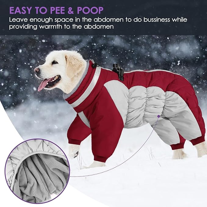 SUNFURA Full Body Dog Coat - Warm Fleece Jacket for Extra Large Dogs, Turtleneck Winter Coats with Harness, Reflective Dog Snowsuit Windproof Puffer Jackets with Legs for Great Dane, Burgundy 3XL