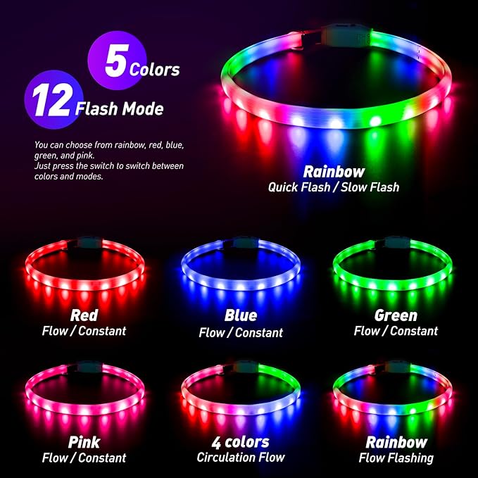 LED Dog Collar with 12 Lighting Modes-Rechargeable Dog Light Glow in The Dark for Night Walking, Adjustable Light Up Dog Collar for Small/Medium/Large Dogs, 1-H Charge & 12H Runtime, Yellow