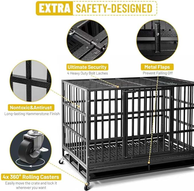 Escape-Proof Heavy Duty 42" Dog Crate, Indestructible Steel Kennel for Large & High-Anxiety Dogs with 300Lbs Capacity, Double Door Design with 4 Locking Wheels and Reinforced Baseplate.