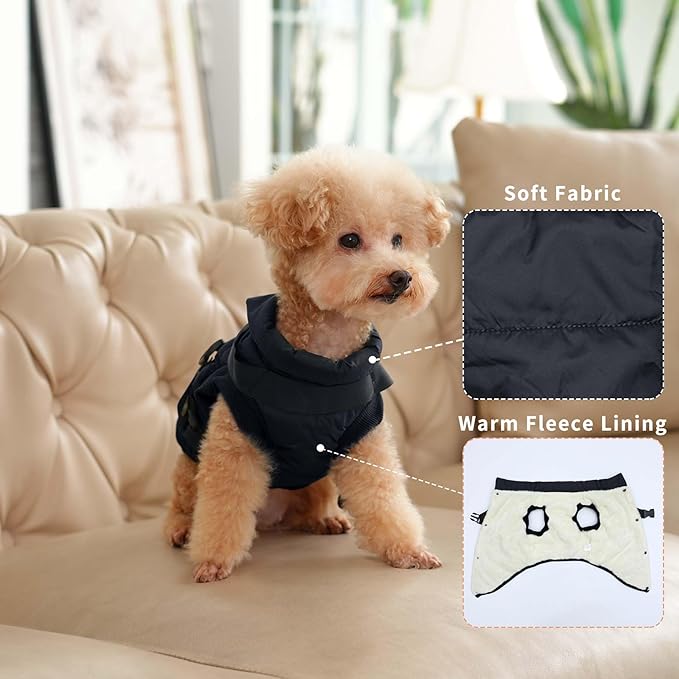 Dog Jacket with Harness,Fleece Lined Warm Puppy Coat for Winter,Soft Windproof Small Dog Vest,Black XS