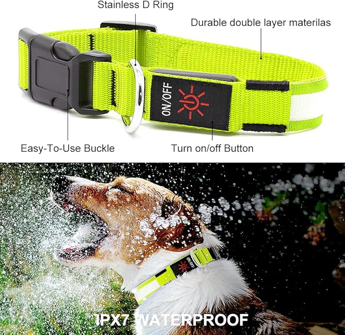 YFbrite Ultra Light Adjustable LED Dog Collar, Light up Dog Collars Rechargeable Glowing in The Dark Collars Visiblity & Safety for Small, Medium, Large Dogs (Green, Medium)