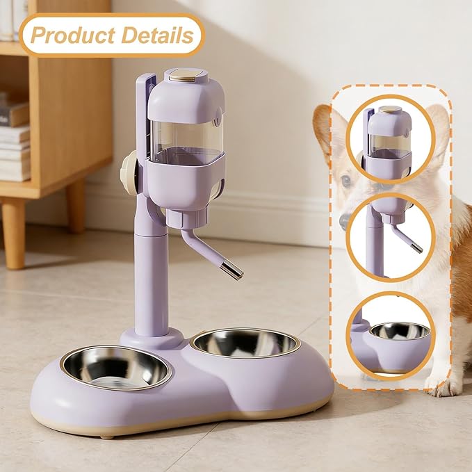 Pet Standing Water Dispenser Dog Bowl 2 in 1 Adjustable Height Pet Feeder Waterer with Two Steel Bowl for Ferrets Kittens Cat, Violet