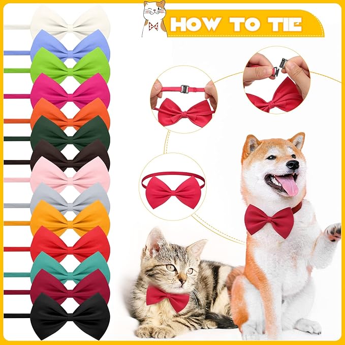 Cindeer 120 Pcs Dog Bow Ties with Adjustable Collar Puppy Neckties Bulk Cat Bowtie Collar Assorted Colors Solid Pet Grooming Bows Dog Grooming Accessories for Small Medium Large Pet,14 Colors