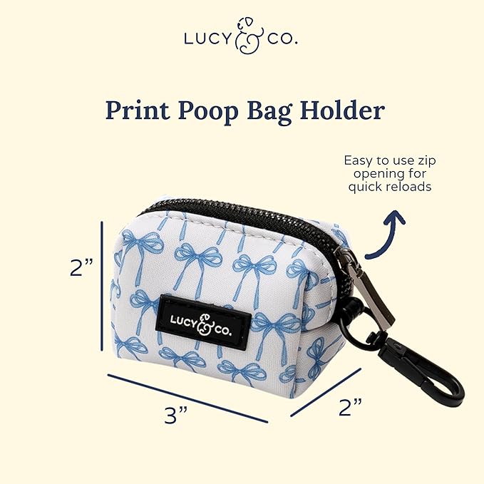 Lucy & Co. Dog Poop Bag Holder - Leak Proof Dispenser with Leash Attachment - Easy Refills - Hygienic Pet Poop Pickup - White with blue bows