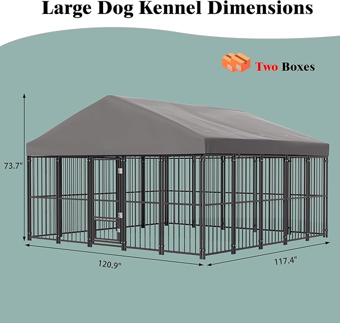 Large Dog Kennel Outside 10X10FT Heavy Duty Dog Cage with Feeding Door, Outdoor Dog Run with Roof and Double Safety Locks for Pets Enclosures