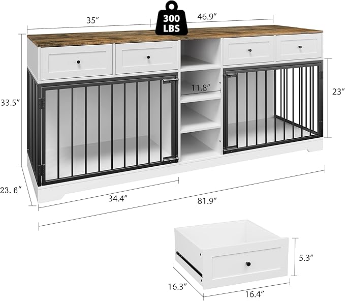 IDEALHOUSE 82” Large Dog Crate for 2 Dogs, Dog Kennel Indoor with 4 Drawers and Shelves, Double Dog Crate Furniture TV Stand, Wooden Dog Cage for Medium Large Dogs, White