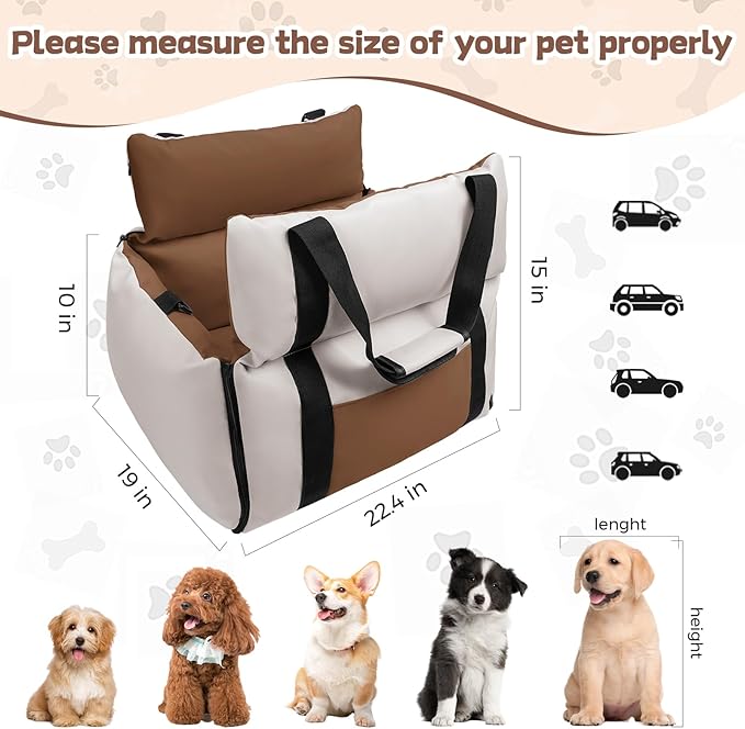 BEBAS Dog Car Seats for Small Dogs up to 25 lbs, Waterproof Dog Booster Carseat with Storage Pockets, Thickened Memory Foam & Clip-On Safety Leash, Pet Back Seat Puppy Travel Carrier, Beige