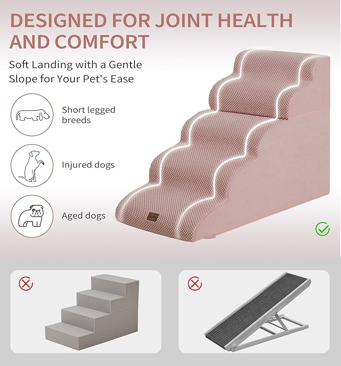 Made4Pets Dog Stairs Ramp for High Bed 22.8" H, 5-Step Pet Stairs for Bed Couch Sofa Climbing, 35D Foam Pet Steps for Small Dogs and Cats, Non-Slip Bottom Dog Steps, Pink