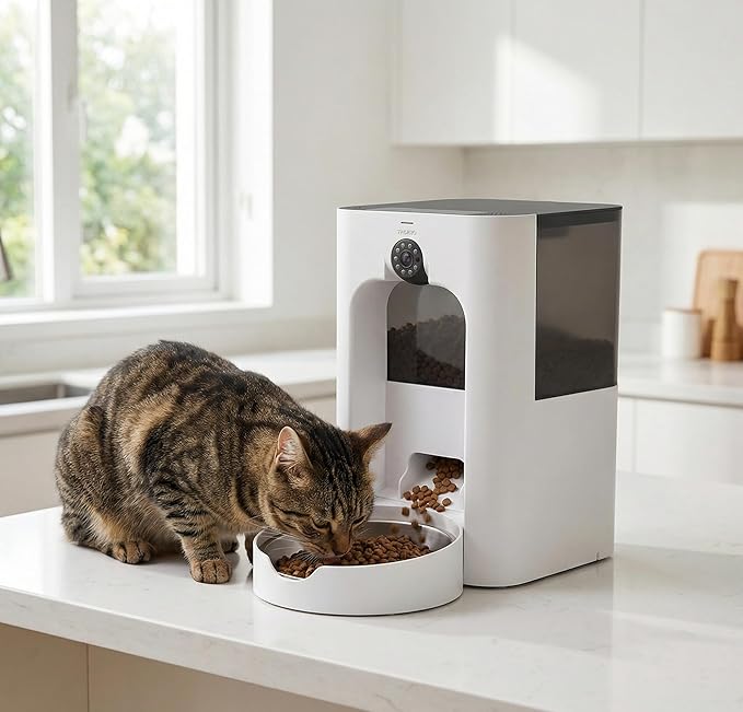 Automatic Cat Feeder with Camera, 5L Large-Capacity Pet Feeder, HD Video & Night Vision, Two-Way Audio, Laser Play, Scheduled Portion Control, Dual-Band WiFi, Battery & Plug-in Power