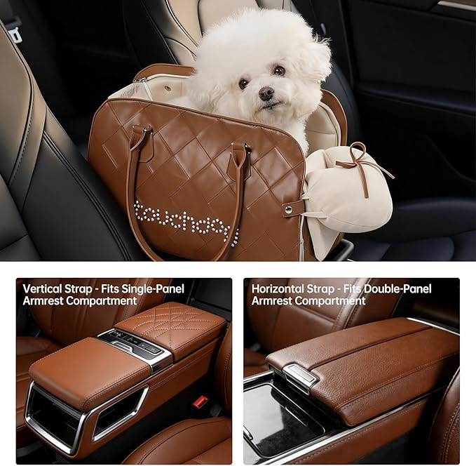 TOUCHDOG Center Console Dog Car Seat – Detachable & Washable Pet Carrier for Small Dogs up to 15 lbs, Adjustable Straps, Anti-Slip Base, Foldable Travel Bed with Safety Clip