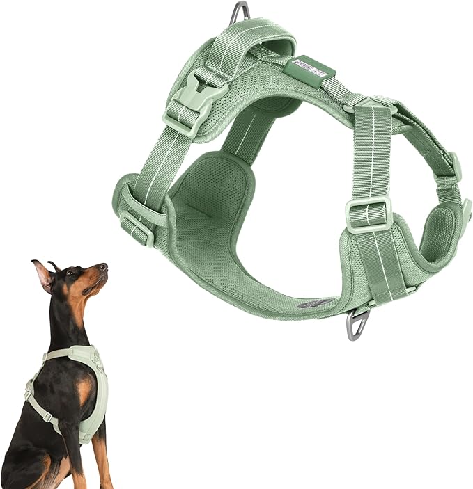 All-Weather No Pull Dog Harness Reflective Vest Harness QR Code Anti-Lost Adjustable Quick-Release Buckle Soft Padded Breathable Harness for Small Medium Large Dog (Light-Olive, L)