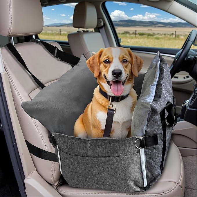 Dog Car Seat for Small/Medium Dogs Under 40 lbs - Elevated Pet Seat with Safety Belt, Non-Slip Base, and Storage Pockets for Car Travel (Gray, 30 x 20.5 inch)