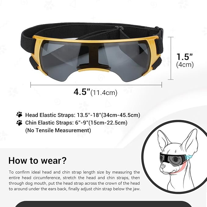 LESYPET Dog Sunglasses for Small Breed, UV Wind Dust Protection Dog Goggles for Pet Outdoor Driving Riding, Pet Glasses Eye Wear with Adjustable Strap, Gold