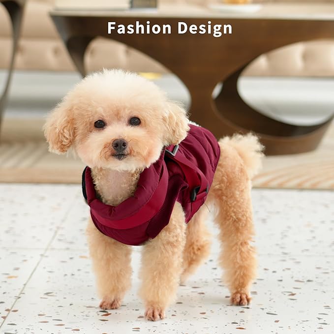Dog Jacket with Harness,Fleece Lined Warm Puppy Coat for Winter,Soft Windproof Medium Dog Vest,Red L