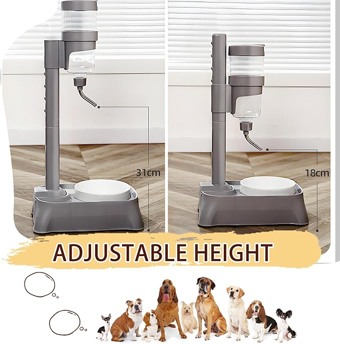 Pet Automatic Water Feeder, 770ml Adjustable Height Stainless Steel Pet Water Dispenser, Feeding Water and Feeding Dual-Purpose, Suitable for cat and Dog Families, Indoor &Outdoor (Grey)