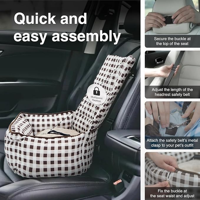 Pet Car Booster Seat for Small Dogs & Cats up to 25 lbs – Plaid Travel Seat with Safety Leash, Adjustable Straps, Non-Slip Base, 2-in-1 Convertible Bed, Detachable & Washable (Brown Plaid)