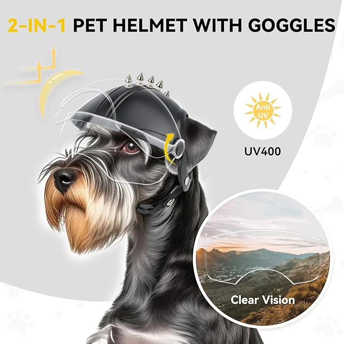 PETLESO Dog Helmet with Anti-UV Clear Goggles, Small Dog Motorcycle Helmet with Ear Holes, Drop-Down Biking Helmet, Adjustable Hat for Small Dogs Heads Protection with Rivets
