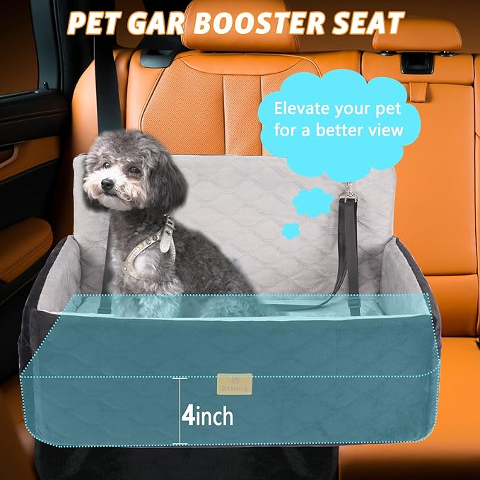 Dog Car Seat for Small/Medium Dog/Cat up to 60 lbs Memory Foam Pet Booster Seat with Detachable Washable Cover Travel-Safe Car Bed with Safety Belt/Storage Pockets Easy to Install
