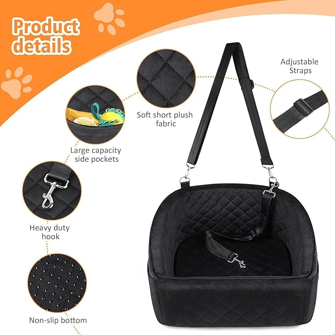 Dog Car Seat for Small & Medium Dogs – Washable & Detachable Pet Booster Seat with Safety Belt, Non-Slip Travel Bed for Cars, Fits Pets Under 20lbs, Storage Pockets (Black)