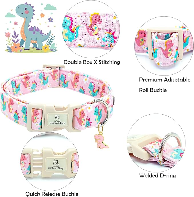 Lionheart glory Dog Collar Dinosaurs Pattern Cute Collar for X-Small Dogs Spring Summer Female or Male Collars Pet Gift Adjustable Heavy-Duty Puppy Collars