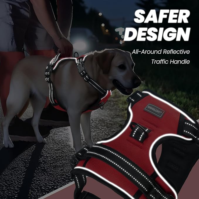 VIVAGLORY Dog Harness Easewalk No Pull Dog Harness with Handle Front Clip & Back Clip for Training Walking Lifting, No Pull Adjustable Easy On Padded Comfortable for Pet, L, Red - Plain