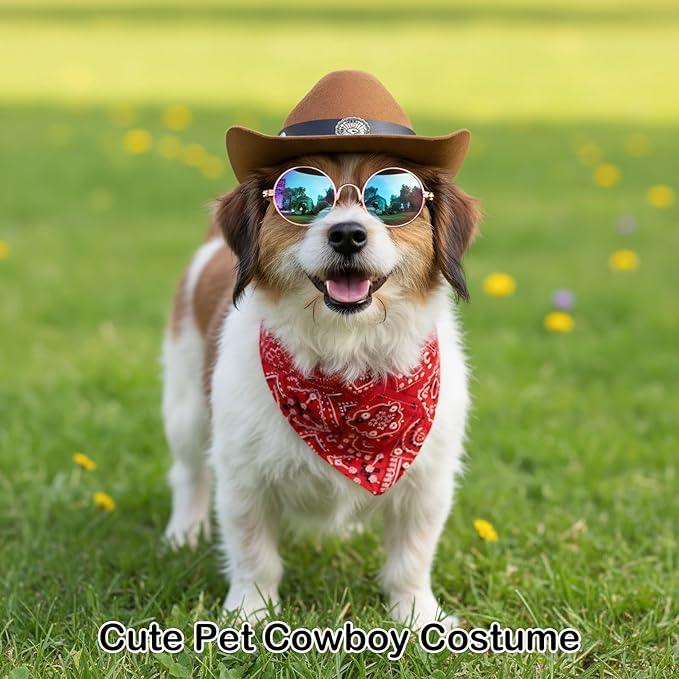 Pet Cowboy Hats Dog Cat Halloween Costumes Cute West Cowboy Hat Bandana Festival Cosplay Accessories (Brown+Red - Medium)