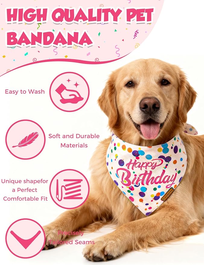 Dog Birthday Bandana, Luxury Handmade Double-Layer Pet Bandana for Small Medium Large Dogs, Silk-Soft Polyester Neck Gaiter for Puppy Birthday Party(Happy Birthday, Small)
