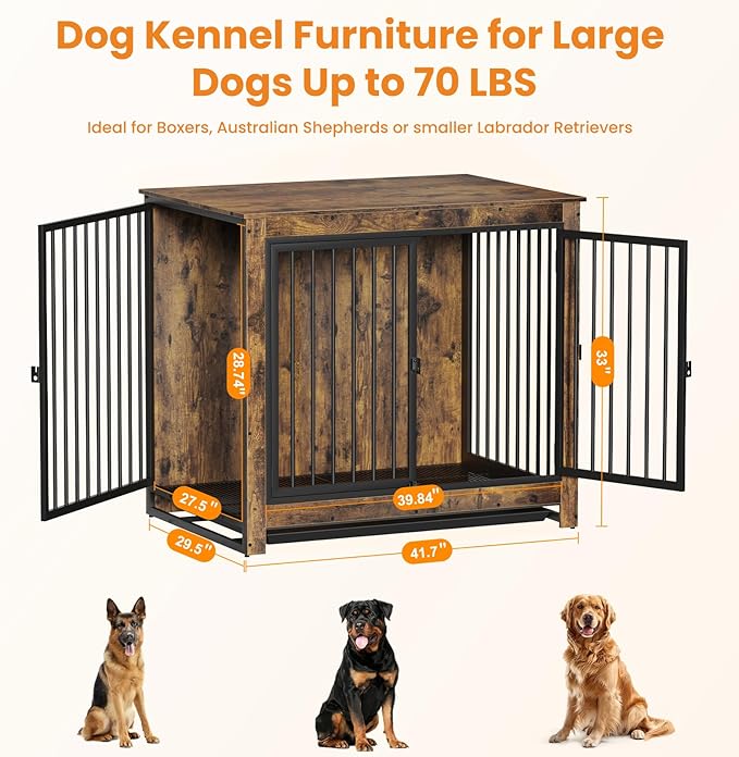 Dog Crate Furniture, 42 InchI ndoor Large Dog Kennel for Medium to Large Dogs Up to 70 LBS, Heavy Duty Wooden Pet Cage End Table with 3 Doors, Alloy Steel Frame & Removable Tray