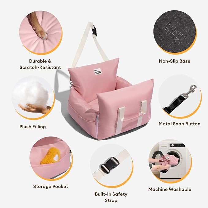 FUNNY FUZZY Dog Car Booster Seat for Small/Medium Dogs up to 25lbs – Waterproof, Non-Slip Base, Safety Leash & Fully Washable Design for Safe and Comfortable Travel (Pink)