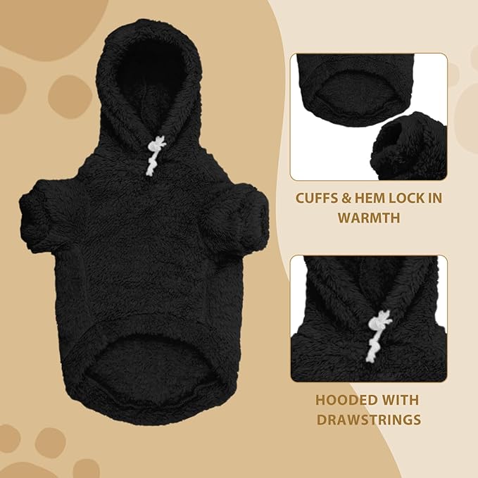 Fuzzy Dog Sweaters for Small Dogs Dog Hoodie Pet Clothes Warm Soft Cozy Coats Hooded Sweatshirt Fleece Small Pet Hoodies Sweater(Black-XS)