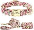 Flower Dog Collar Leash Set Custom Small Medium Large Dog Pet Collars Floral Print Nylon Dog Collars with Treat Bag Snack Bag Beige Set M