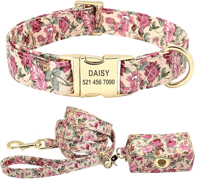Flower Dog Collar Leash Set Custom Small Medium Large Dog Pet Collars Floral Print Nylon Dog Collars with Treat Bag Snack Bag Beige Set M