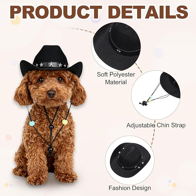Dog Cowboy Hat, Mini Cowboy Hat for Pet with Chin Strap Adjustable Cosplay Cap Star Decor, (Black, L), Intended for Dogs and Cats/Halloween Costume/Party Decoration