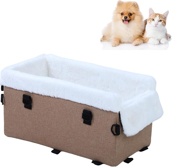 Diydeg Dog Car Seat, Soft Easy Installation Dog Booster Seat of Small Dogs and Cats, Portable Comfortable Travel Carrier Bed with Adjustable Straps for Cars, Trucks and SUVs (Khaki)