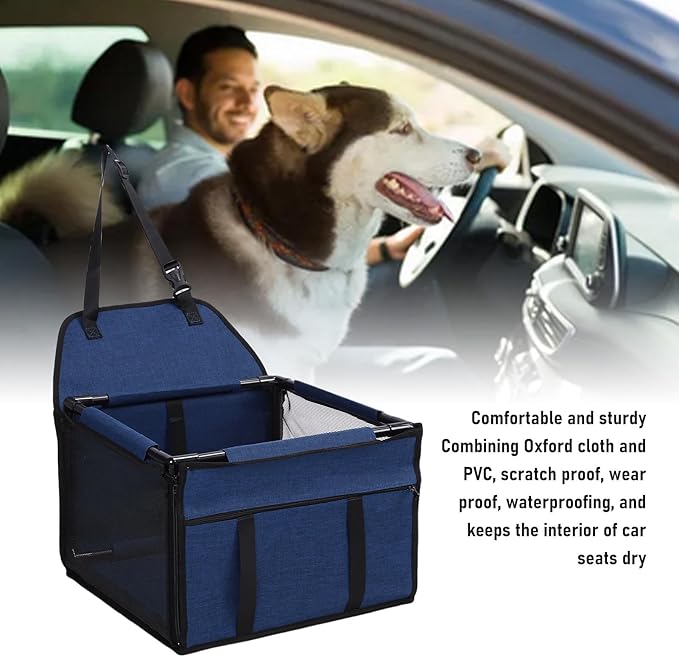 Dog Car Seat, Oxford Fabric Water Proof Dog Booster Seat Foldable Portable Pet Carseat Large Capacity Car Pet Bed, Puppy Carrier Safety Stable for Travel, 39x39x27cm (Dark Blue)