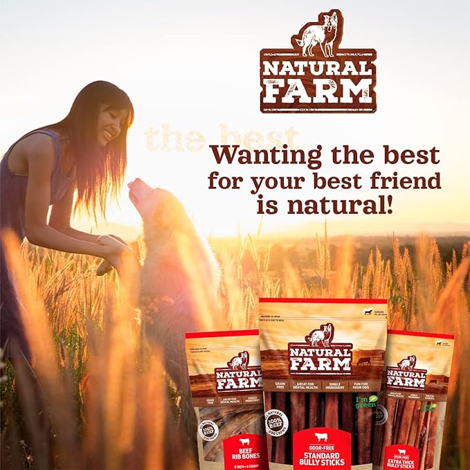 Natural Farm Odor-Free Super Collagen Dog Chews (6-Inch, 15-Pack) The First Ever Real Bull Sticks Alternative: 100% Natural Angus Hide Collagen Treats - More Protein, More Chew Time for All Dogs