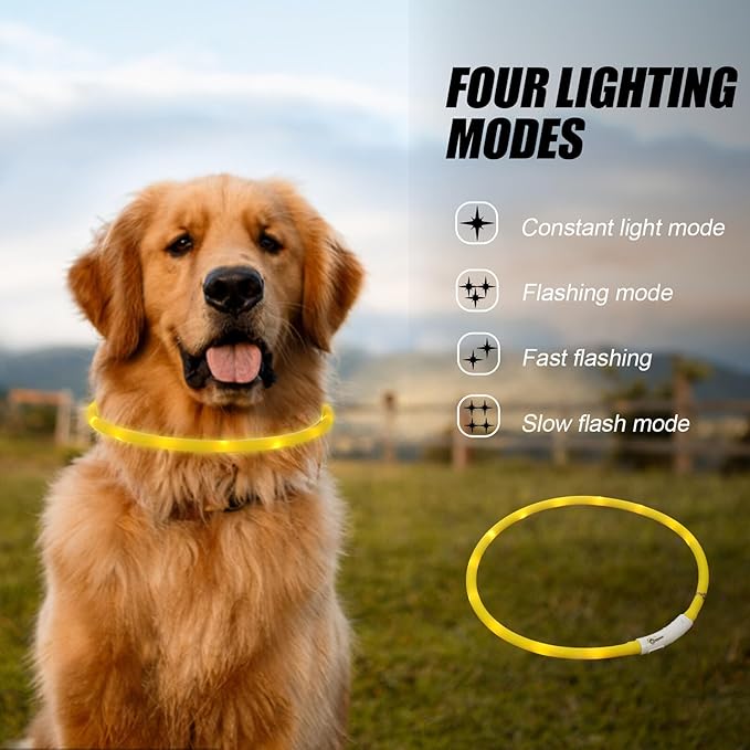 GLEAVI LED Rechargeable Silicone Dog Collar Adjustable Waterproof Pet Safety Glow Collar Large Yellow for Evening Use