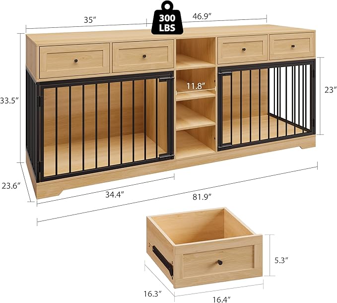 IDEALHOUSE 82” Large Dog Crate for 2 Dogs, Dog Kennel Indoor with 4 Drawers and Shelves, Double Dog Crate Furniture TV Stand, Wooden Dog Cage for Medium Large Dogs, Natural