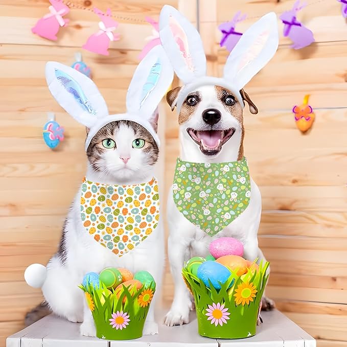 Easter Dog Bandana, 2 Pack Adjustable Holiday Party Pets Rabbit Easter Egg Bandanas Triangle Bibs Cat Scarf Set