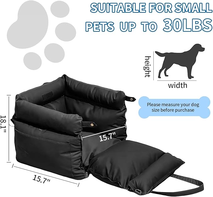 Dog Booster Car Seat, Waterproof PU Leather Upholstered Cat Bed for Car with Storage Pockets, Portable Pet Seat, Bite-Resistant, Perfect for Travel and Home
