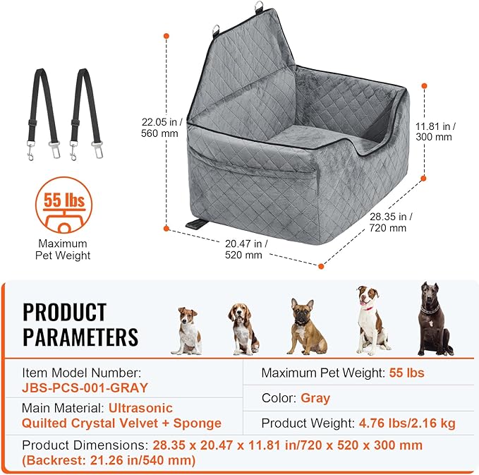 Happybuy Dog Car Seat, Dog Booster Seat for Car with A Storage Pocket, Pet Car Seat with Clip-On Safety Leash, Sponge Filling, Dog Car Bed for Medium & Large Dog up to 55 lbs, Gray