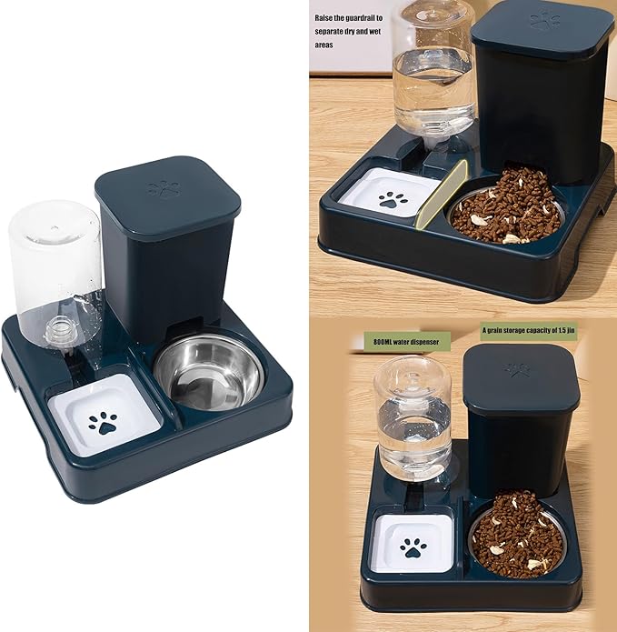 Square Feeder + Stainless Steel Basin 2IN1 Automatic Feeder for Small Dog Cats Food Feeder Double Bowl Food Container and Water Dispenser Pet Dishware