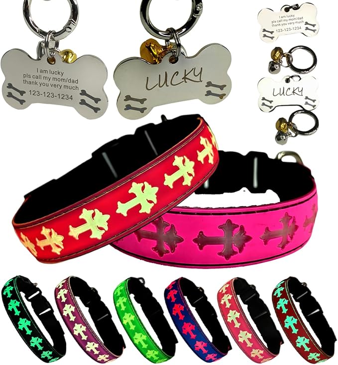 LED Dog Collar with ID Tag Set, Glowing Cross Pattern, Multiple Colors, Silicone Material (Pink, L(15.7-19.7"))