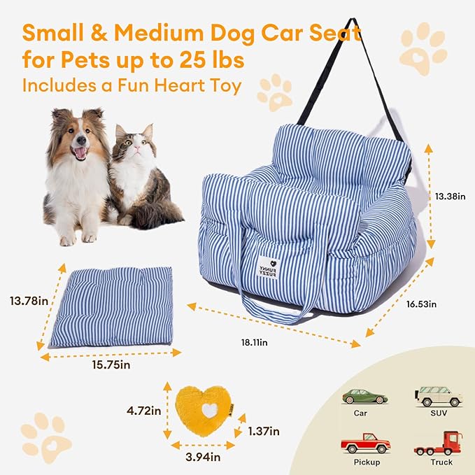 Funny Fuzzy Dog Car Booster Seat for Small Medium Dogs Up to 25lbs, Waterproof Fabric with Non-Slip Base & Safety Leash, Fully Detachable & Machine Washable (Light Blue)