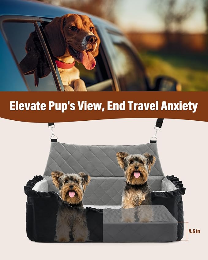 Dog Car Seat for Large Medium Dogs Under 55 lbs, Dog Booster Seat for 2 Small Dogs, Detachable Washable Pet Travel Bed with Thick Memory Foam Cushion, Safety Belt and Storage Pockets | Black