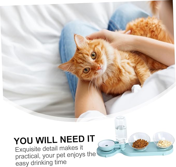 Balacoo Pet Food Holder Tilt Double Bowels Automatic Water Dispenser Bottle Cat Water Feeder Blue